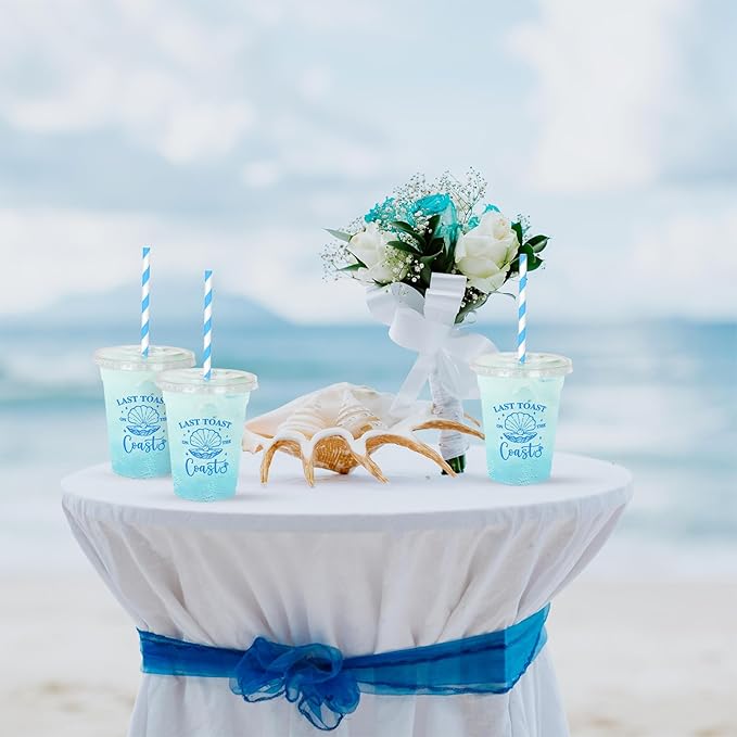 Whaline 50Pcs 12Oz Last Toast on The Coast Disposable Plastic Cups with Lids and Straws Blue Coastal Bachelorette Cold Beverage Drinking Cup for Beach Wedding Bridal Shower