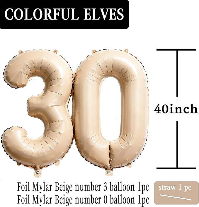 Beige Number 30 Balloons 40 Inch Giant Beige 30 Foil Mylar Balloons for 30th Birthday Anniversary Events Party Decorations