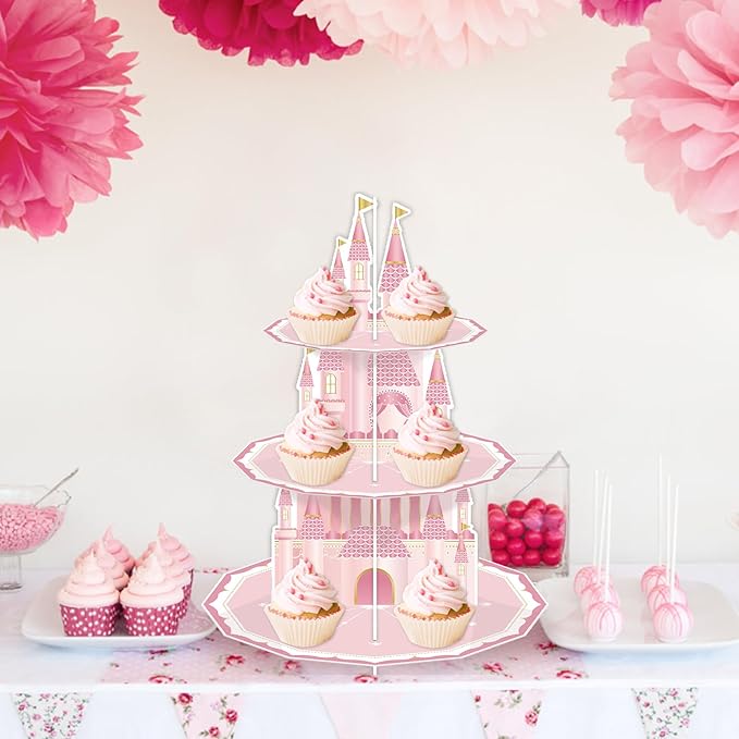 KALEFO Princess Party Supplies 3 Tier Cupcake Stand Birthday Decorations Pink Castle Cake Treat Table Decor(Princess)