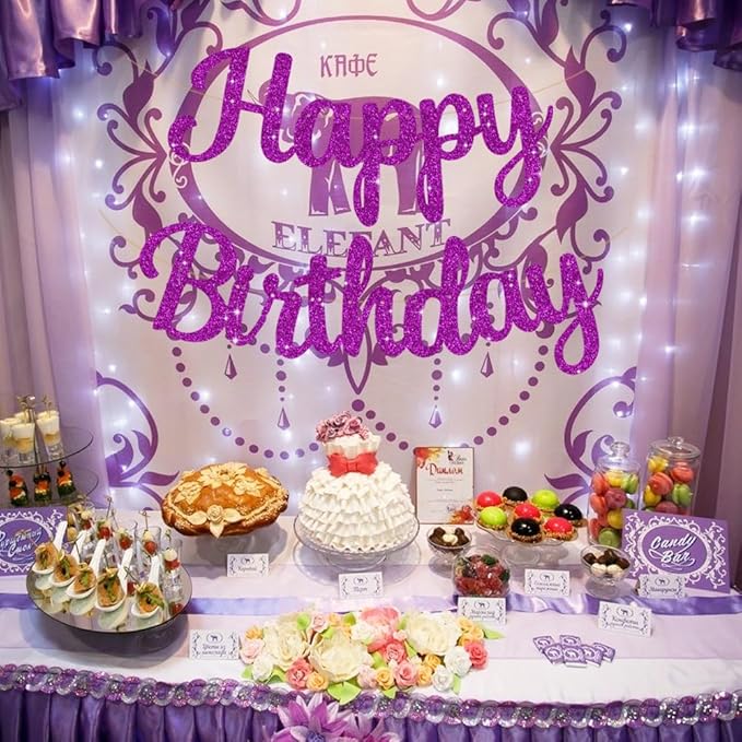 BEISHIDA Happy Birthday Banner - NO DIY,Purple 10Feet Pre-Strung-Glitter Birthday Sign Garland Backdrop Decorations for Women men Party