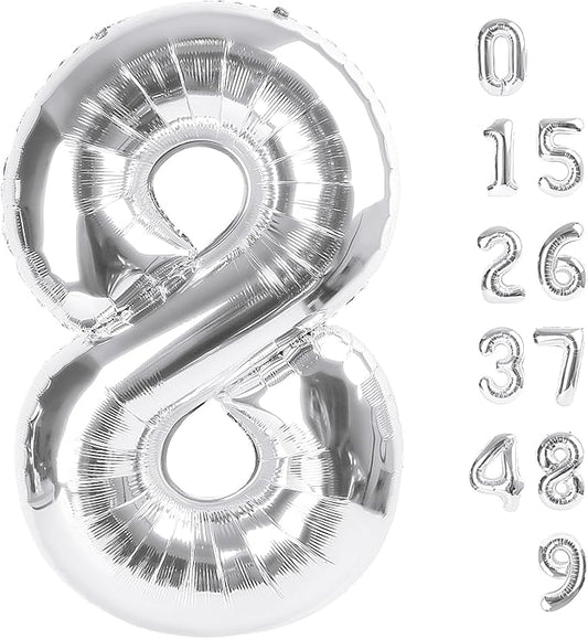 40 Inch Number 8 Balloon, Silver 8 18 28 80 Birthday Balloons for Men Boys, 8th Birthday Decorations Party Supplies, Wedding, Graduations