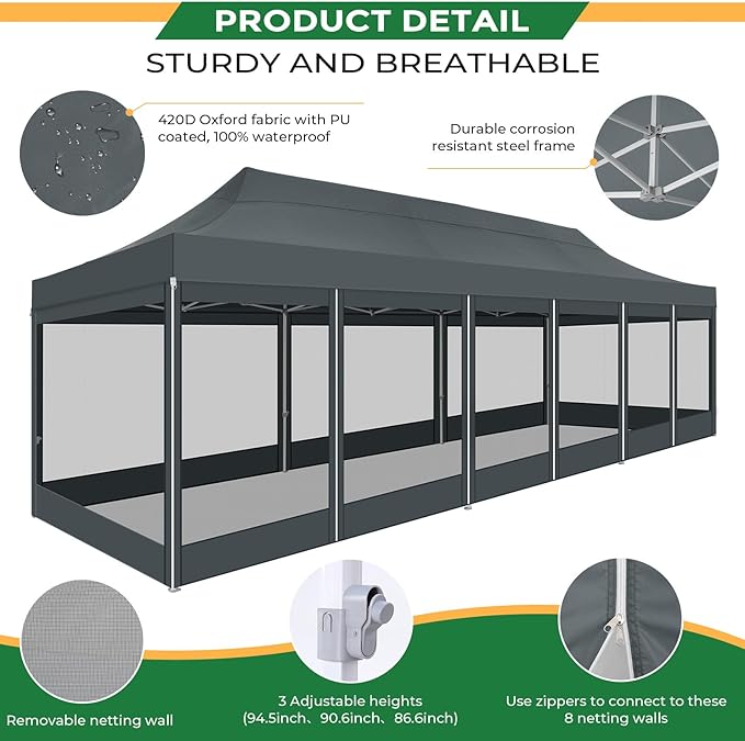 COBIZI 10x30 Heavy Duty Pop Up Canopy with 8 Sidewalls, Easy Set Up Outdoor Waterproof Screen Commercial Party Tent with Mosquito Netting for Parties Backyard Patio, Roller Bag, Gray