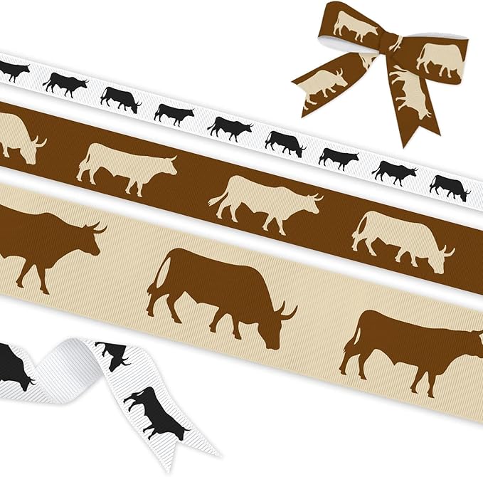 YKW Cattle Pattern Grosgrain Ribbon Set - 3 Widths (3/8", 7/8", 1.5") x 5 Yards Each - Black, Brown & Cream Silhouette Ribbons for Crafts, Gift Wrapping, Wedding & Party Decoration (Cattle)