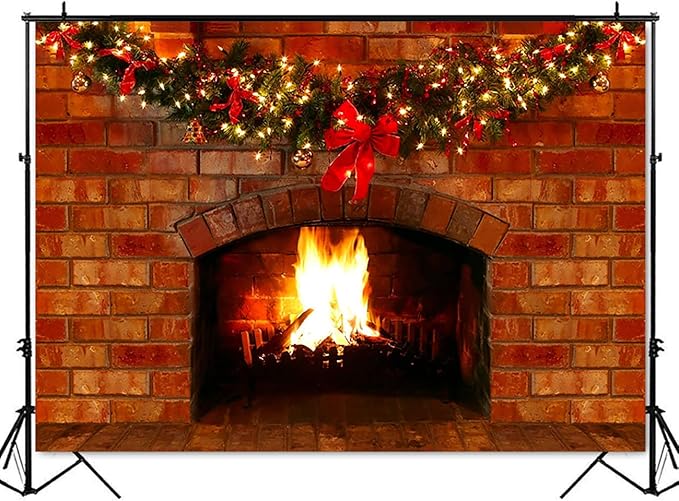 Mocsicka Christmas Fireplace Photography Backdrop Red Brick Fireplace Background for Xmas Eve Home Decor Xmas Family Party Selfie Photo Props (8x6ft)