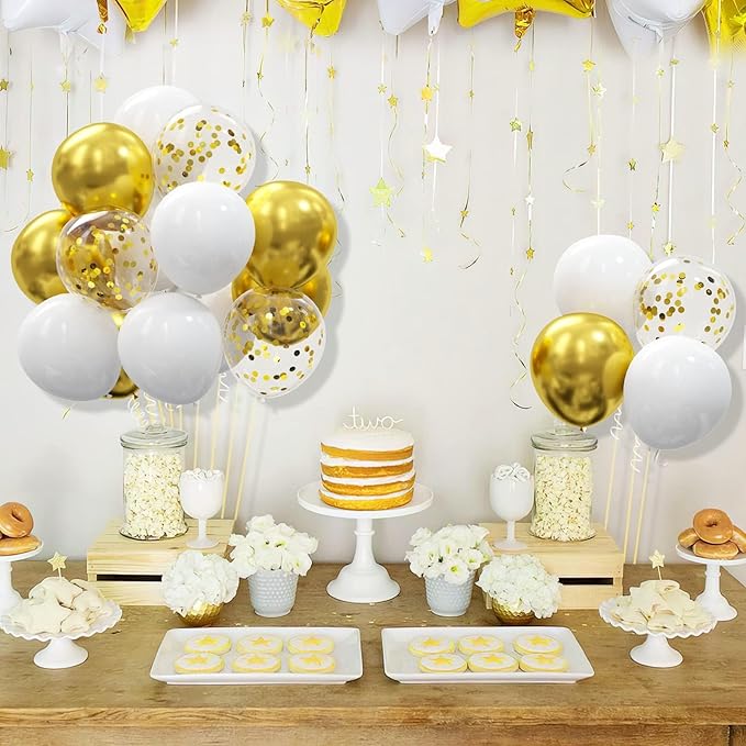 62pcs Gold White Balloons Kit - 12 Inches Gold White Confetti Party Decoration Balloons for Graduation Baby Shower Birthday Wedding Party Decorations Supplies