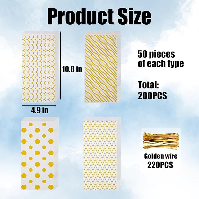 EatnMgan 200Pcs Cellophane Treat Bags,10.8 x 4.9Inch Plastic Candy Bags,Cellophane Bags,Goodie Candy with 220Pcs Twist Ties for Valentine, Birthday, Gift Cookie Snack Packing Party Favor Supplies (Gold)