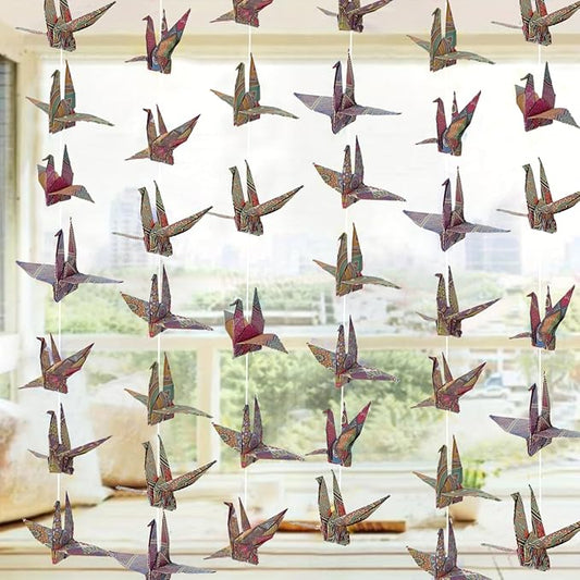 Boho Crane Paper Hanging Garlands(3stringsX 5.2ft), Bohemia Flower Origami Birds Streamers for Bridal Shower, Baby Shower Birthday Party Supplies，Garden Ceiling Hanging Garland