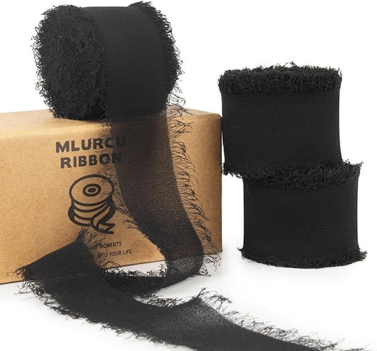 Black Chiffon Ribbon - 1 Inch x 21 Yards, Handmade Fringe, Silk, Boho Frayed, Wedding Invitation, Bridal Flower Bouquets, Floral Arrangement, Gift Wrapping