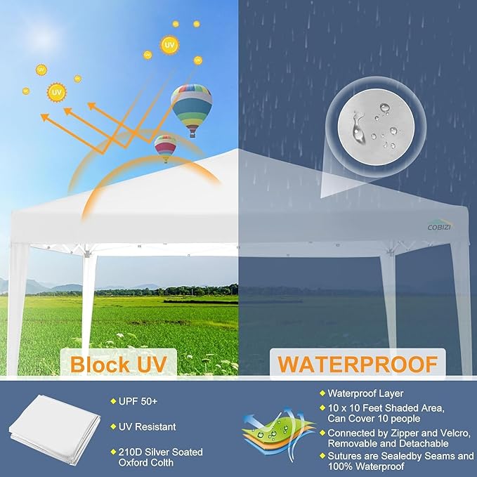 COBIZI 10x10 Ez Pop Up Canopy Tent, UPF 50+ Waterproof Outdoor Canopy, Instant Portable Camping Canopies Gazebo for Commercial Sun Shade Party Backyard with 4 Sandbags & Carry Bag(White)