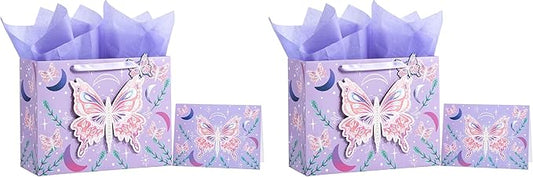 WRAPAHOLIC 13" Large Gift Bag with Card and Tissue Paper - Purple Butterfly Design for Birthday, Mother's day, Baby Shower, Valentines Day (Pack of 2)