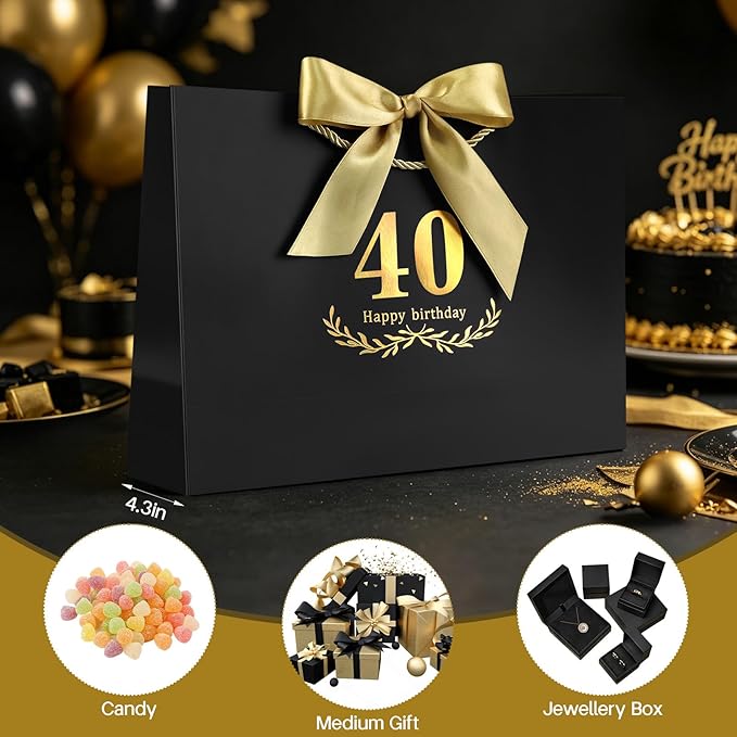 JMANNI Black Gold 40th Birthday Gift Bag with Card and Tissue Paper, 14.2"×9.84"×4.3" Large Present Bag for Adults, 40 Year Old Birthday Keepsake Party Supplies