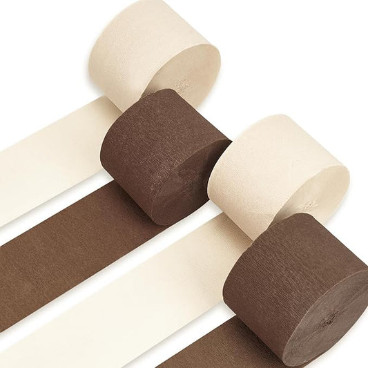 PartyWoo Brown Crepe Paper Streamers 4pcs 328ft Pack of Boho Neutral Sand White Crepe Paper Streamers for Birthday Baby Shower Wedding Graduation Anniversary Woodland Jungle Theme Party Decorations