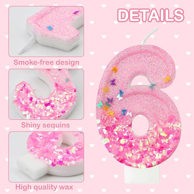 Pink Sequin Birthday Candles, Cake Number Candles, Girls 0th Birthday Decorations, Suitable for Birthday Parties, Anniversary Party Decorations(6)