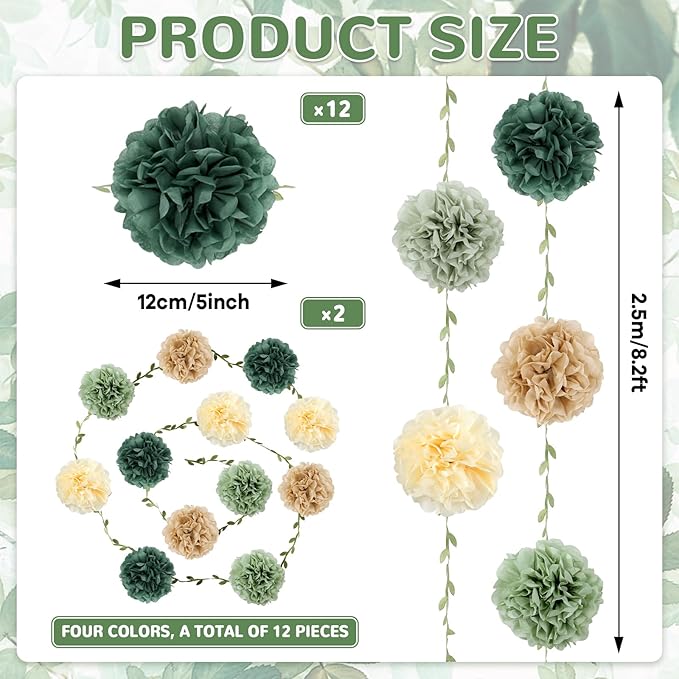 2Pcs Sage Green Tissue Paper Pom Pom Garlands Sage Green Flower Leaves Banner Hanging Paper Flower Garlands for Birthday Baby Shower Boho Wedding Engagement Bridal Shower Party Decor 8.2ft