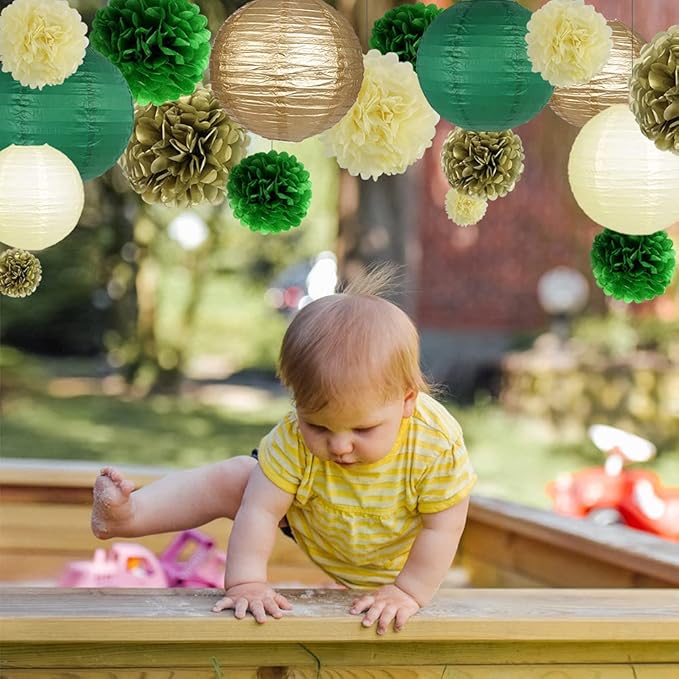 Green Gold Party Decorations, Hanging Paper Lanterns and Pom Poms Flowers for Woodland Baby Shower Graduation Green Birthday Party Decor 15 Pieces