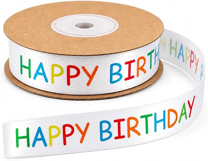 Happy Birthday Ribbon Roll for Gift Wrapping, 15 mm x 30 ft White Printed Birthday Gift Ribbon for Crafts, Party Decorations, Bouquets, Bows and Cake Table Accents