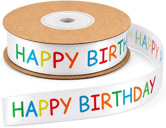 Happy Birthday Ribbon Roll for Gift Wrapping, 15 mm x 30 ft White Printed Birthday Gift Ribbon for Crafts, Party Decorations, Bouquets, Bows and Cake Table Accents