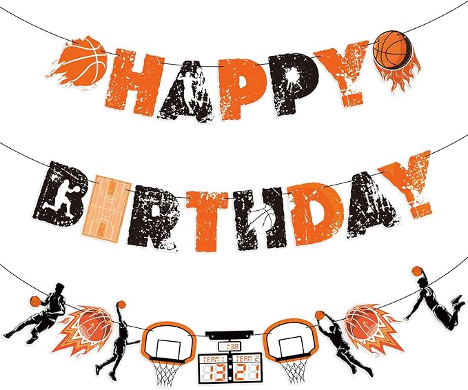 SUNBEAUTY Basketball Happy Birthday Banner Basket Ball Themed Party Decorations Sports Birthday Banner Basketball Party Supplies Slam Dunk Garland Birthday Sign for Kids Teenagers Boys Men