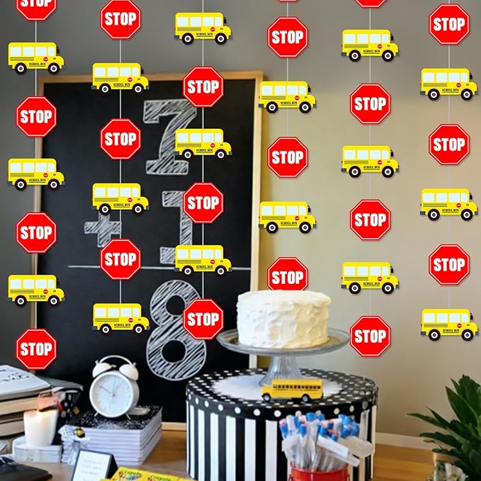 School Bus Garlands 6 Pieces Back to School Party Decorations Hanging Banners with Stop Signs Wheels on the Bus Birthday Party Decorations for Classroom Theme Shool Ceiling Decor Supplies