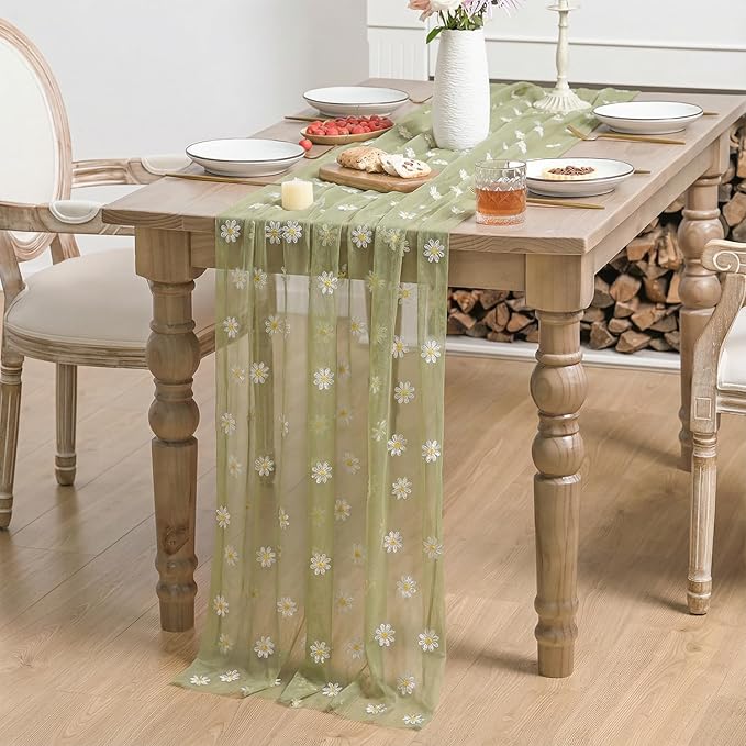 Horaldaily Sage Green Embroidery Daisy Spring Summer Gauze Tablecloth 60×84 Inch Rectangular, Seasonal Tulle Table Cover, Garden Party Decorations for Wedding, Party, Holiday Dining
