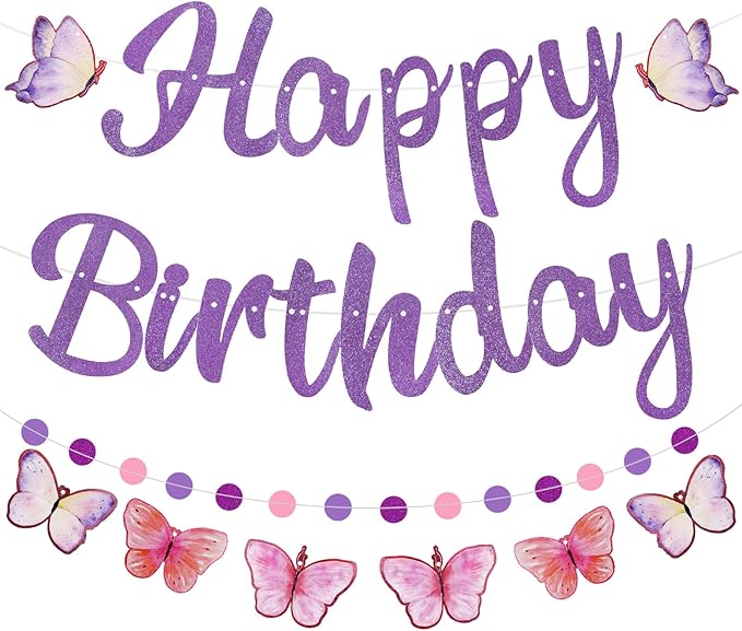 Pre-Strung Happy Birthday Banner, NO DIY Birthday Decorations with Circle Dot Garland and Butterflies, Happy Birthday Party Decorations for Women Girls (Purple)