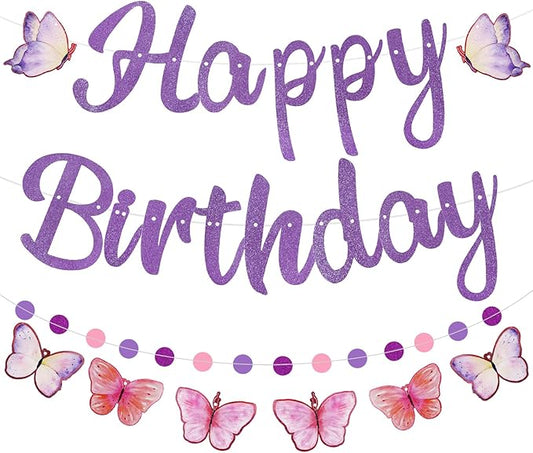 Pre-Strung Happy Birthday Banner, NO DIY Birthday Decorations with Circle Dot Garland and Butterflies, Happy Birthday Party Decorations for Women Girls (Purple)