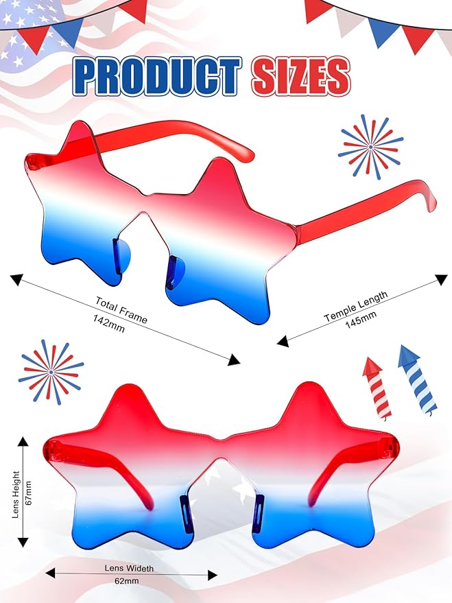 8 Pairs Star Sunglasses 4th of July Glasses Accessories Outfit for Women Adults Patriotic Rimless Sunglasses Party Favors for Birthday Beach Pool