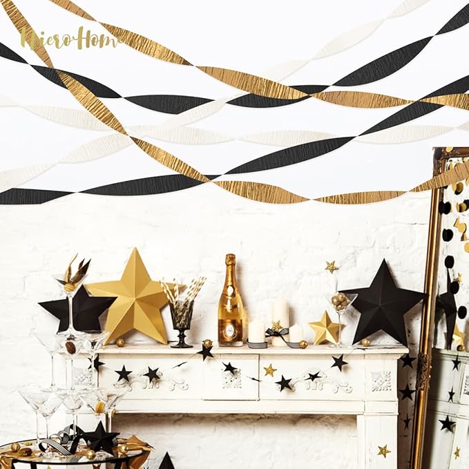 NICROHOME EUR Black Gold Party Decorations, 6 Rolls Crepe Paper Party Streamers for Graduation, Wedding, Birthday, Black and Gold New Years Eve Party Decoration, 82Ft Long