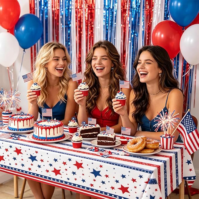 2Pcs Patriotic Tablecloths,4th of July Decorations,Red White Blue Star 54x108 inches Disposable Plastic Tablecloths for 4th of July Memorial Day Patriotic Theme Party Decoration
