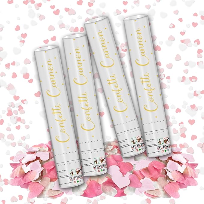 12" Confetti Cannons with Pink & White Heart Filling - Party Poppers for Gender Reveal Baby Shower Bridal Shower Valentine Wedding Anniversary - Easy to Use,Biodegradable Confetti - Pack of 4
