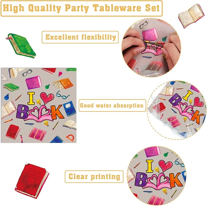 Wiooffen 96 Pcs Book Club Birthday Party Plates Napkins Tableware Set Back to School Party Supplies Disposable Dinnerware Books Decoration Favors for Library Reading Party Table Decor, 24 Guests
