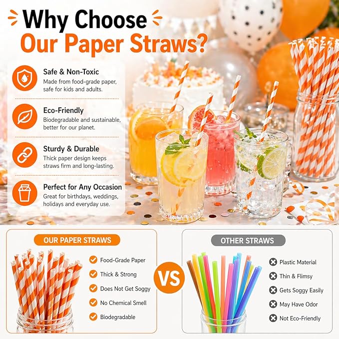 100 Pack Orange and White Striped Paper Straws, 7.75" Disposable Drinking Straws, Paper Party Straws for Halloween, Birthday, Bridal Shower and New Year Supplies