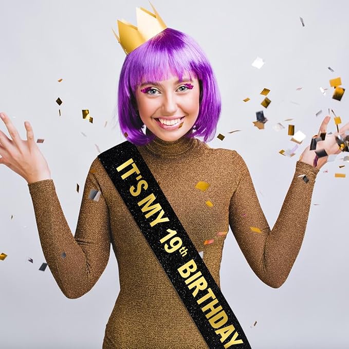 It's My 19th Birthday Sash for Men Women, Black Glitter Sash with Gold Foil