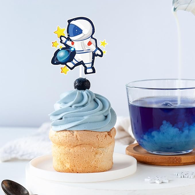 Whaline 72Pcs Outer Space Cupcake Topper 12 Designs Astronauts Rockets Spacecraft Cupcake Picks Out of Space Food Picks with Sticks Glue Point for Birthday Space Theme Party Supplies Cake Decor