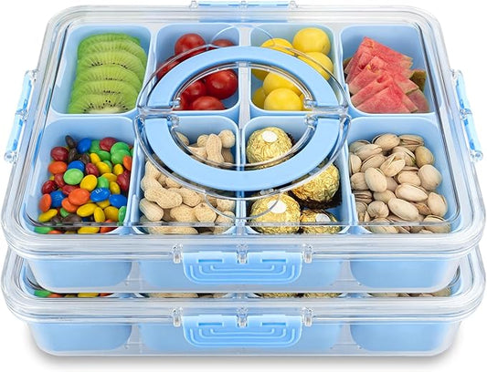 Divided Serving Tray with Lid and Handle,8 Compartments Snacks Box,Snack Fruit Veggie Tray,Portable Platter for Candy Fruits Nuts Snack Party Entertaining Picnic (2PCS Blue)