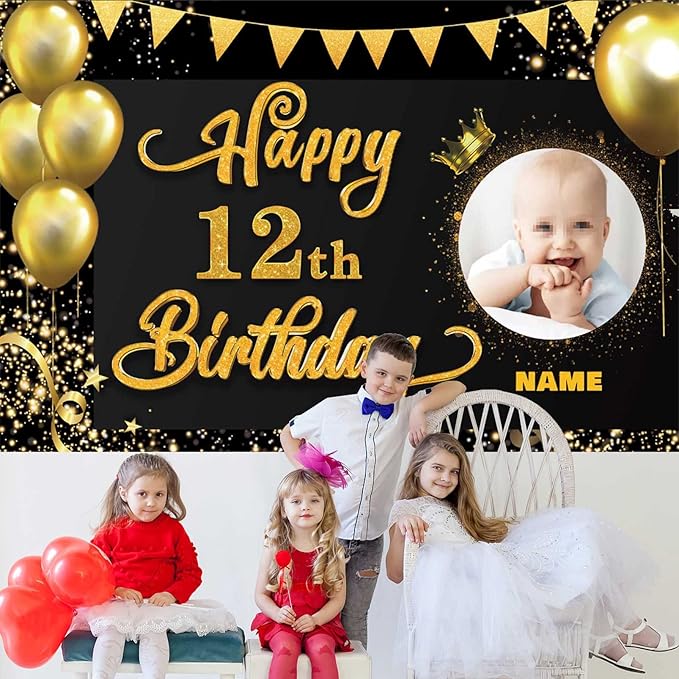 Custom Happy 12th Birthday Decorations Banner -12 Years Old Backdrop forwomenmen Boys Girls - Personalization Party Supplies Black and Gold, 4x6ft/5x7.5ft/6x9ft/7x10.5ft/8x12ft