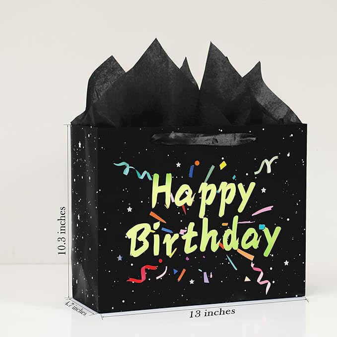 Febbleshow Black Birthday Gift Bags with Tissue Paper - Matte Finish with Gold Foil Lettering and Confetti Design - Birthday Party Gift Bag for Men Women Kids - 13"x10.3"x4.7" (Pack of 2)