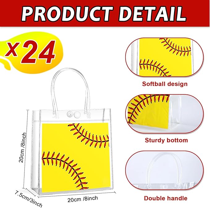 24Pcs Softball Clear PVC Gift Bags with Handles Bulk 8 x 8 x 3In Sport Theme Goodie Treat Candy Bags Softball Team Present Wrap Tote Bag for Boys Birthday Party Favor Baby Shower Decors Supplies
