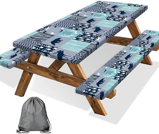 Picnic Table Cover with Bench Covers, Camping Essentials, Rustic Cabin Deer Bear Stripes Waterproof Windproof Patio Table Cover, Fitted Tablecloth Cover with Elastic Edge for Outdoor 3 PCS 30x60 Inch