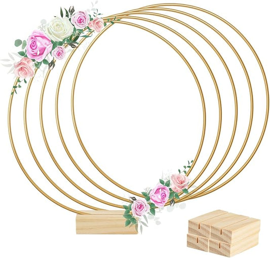 BOUBONI 5 Pcs 8 Inch Metal Floral Hoop Centerpiece with 5 Pcs Wooden Stand for Table Metal Wreath Ring Stand for Centerpiece Table Decorations Wedding Decor Wall Hanging Crafts