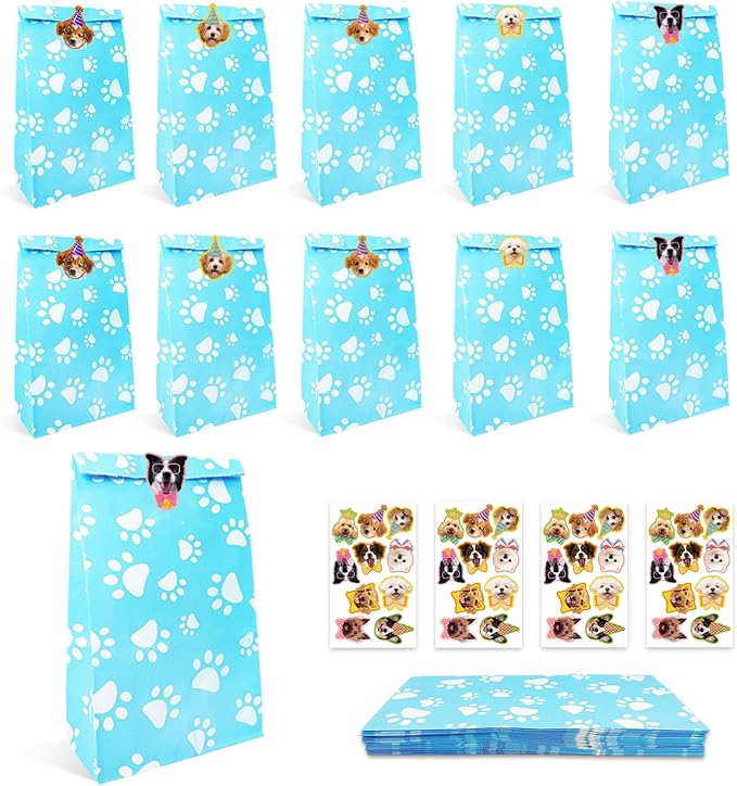 PWZZZAWP 36 Pcs Dog Paw Print Gift Bags with Cute Dog Stickers - Dog Party Favors for Puppy | Pet Themed Goodie Bags for Doggy Lovers, Blue Paper Treat Bags for Pet Party Supplies & Gift Wrapping