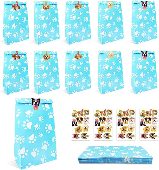 PWZZZAWP 36 Pcs Dog Paw Print Gift Bags with Cute Dog Stickers - Dog Party Favors for Puppy | Pet Themed Goodie Bags for Doggy Lovers, Blue Paper Treat Bags for Pet Party Supplies & Gift Wrapping