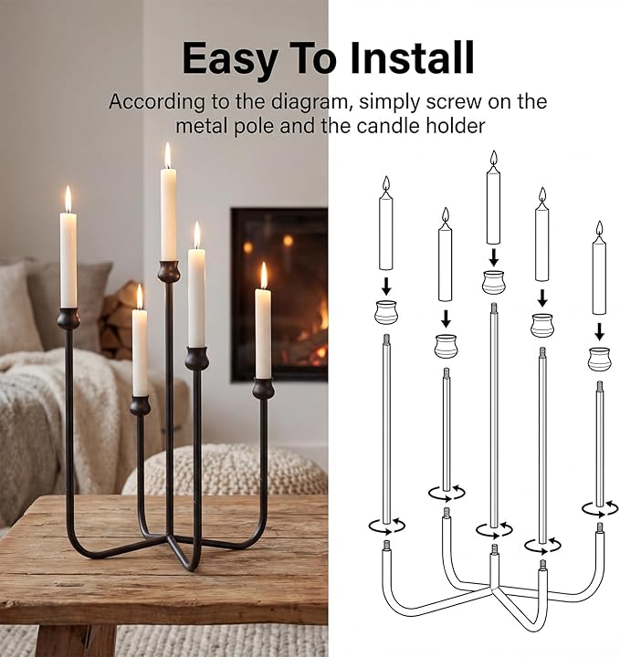 5-Candle Candelabra Candlestick Holder, 16 Inch Antique Candle Holder, Black Tabletop Candles Stand for Wedding, Event, Christmas & Dining, Table Centerpiece Décor