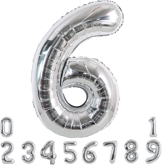 TONIFUL 40 Inch Silver Large Numbers Balloons 0-9, Number 6 Digital 6 Helium Foil Mylar Big Number Balloons for 2026 Graduation New Year Eve Birthday Party Anniversary Supplies Decorations