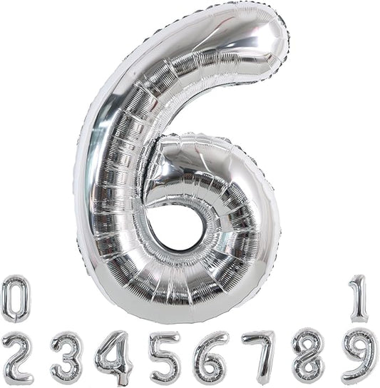 TONIFUL 40 Inch Silver Large Numbers Balloons 0-9, Number 6 Digital 6 Helium Foil Mylar Big Number Balloons for 2026 Graduation New Year Eve Birthday Party Anniversary Supplies Decorations