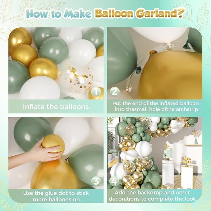 Sage Green White Gold Garland Arch Kit 173Pcs Latex Balloons - 22 18 12 10 5in Different Size Party Balloon Arch Kit for Birthday Baby Shower Wedding Gender Reveal Bridal Party Decoration