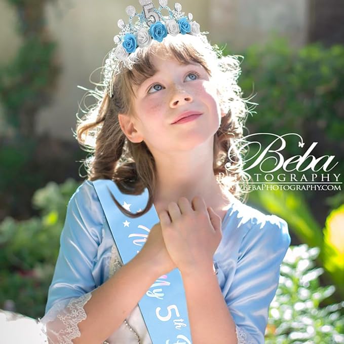 CUBACO 5th Birthday Crown Headband and Sash, 5 Year Old Girl Birthday Gift Ideas for Blue Princess Crown, Frozen Party Decorations Favors for Girls Outfit