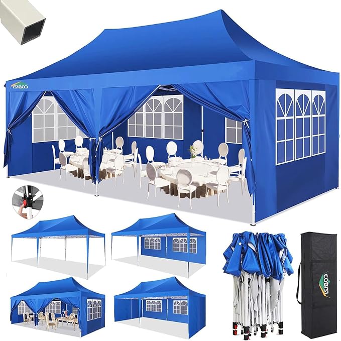 COBIZI 10x20 Pop Up Canopy with 6 Sidewalls,10x20 Canopy Tent Frame Upgraded with 3 Adjustable Heights,Waterproof UV50+ Outdoor Party Commercial Ez Up Gazebos with Carry Bag(10 x 20 ft Blue)