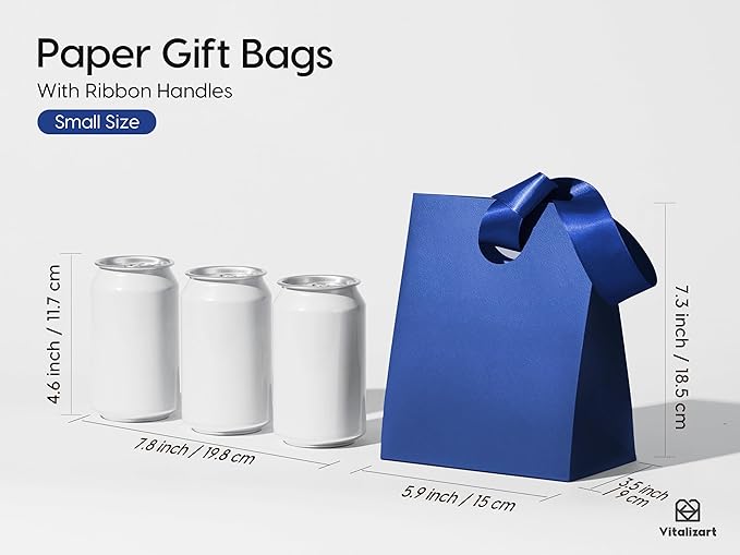 Vitalizart Paper Gift Bags With Ribbon Handles Set of 10 Blue Bulk Reusable For Gift Wrap Girls Kids Birthday Bridal Shower Party Favors Goodie Bags Candy Christmas 5.91"x3.54"x7.28" Small