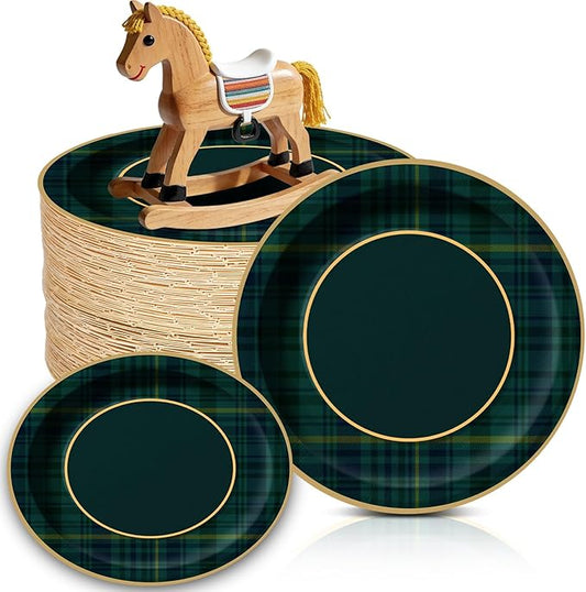 100 Pcs Green Blue Tartan Plaid Paper Plates We Can Bearly Wait Party Plates Disposable Tableware Decoration for Guests Baby Shower Wedding Birthday Party Supplies(Green,7"x7")